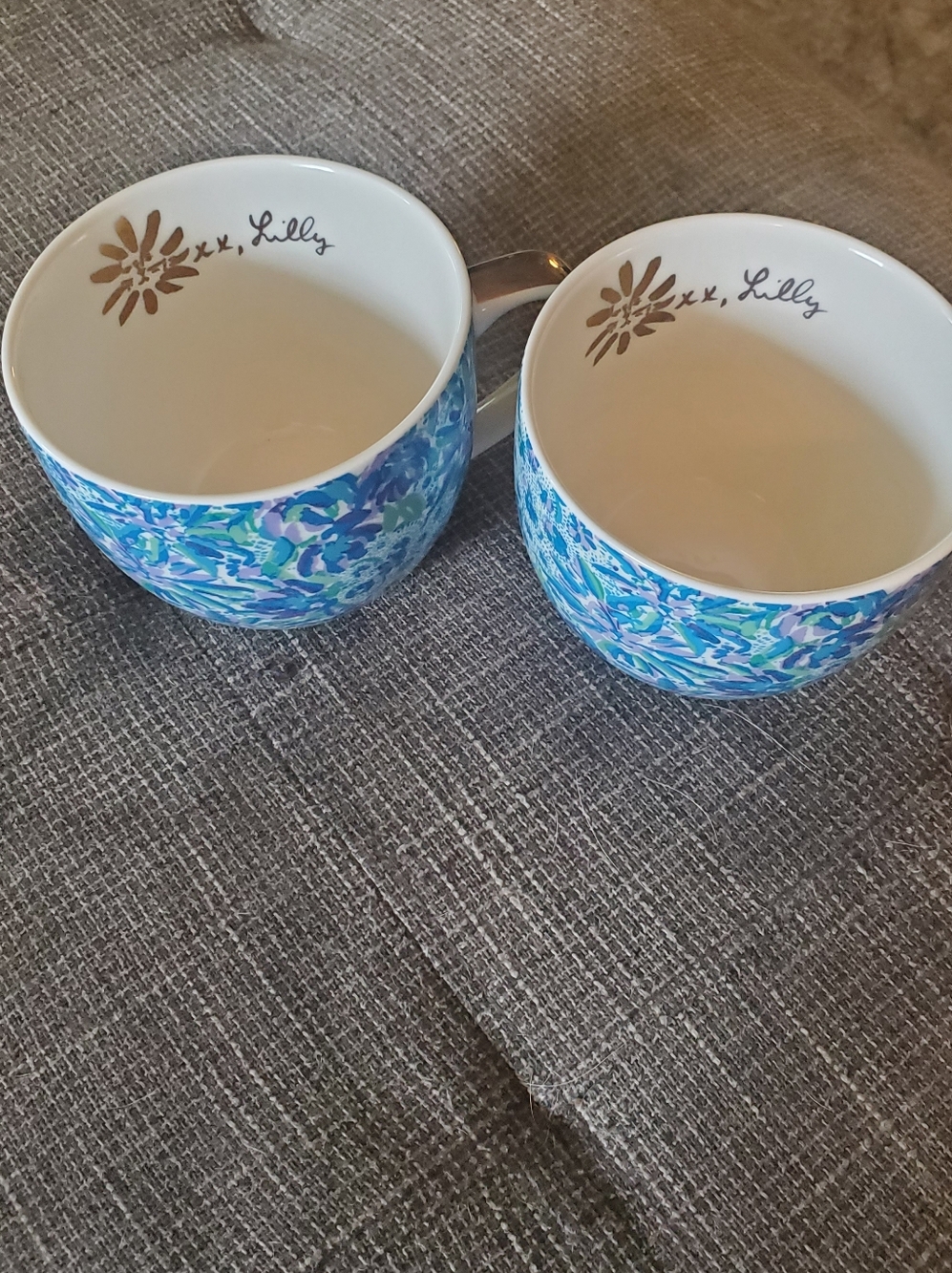 Lilly Pulitzer Blue and Aqua Floral Ceramic Coffee Mugs - Pair